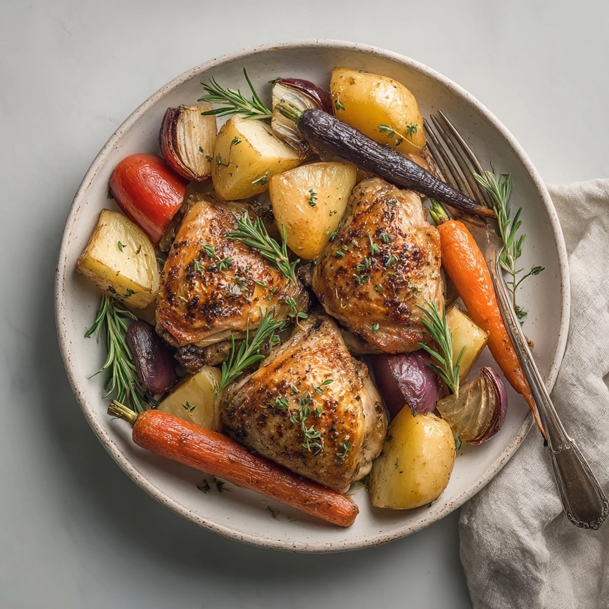 Juicy Herb-Roasted Chicken with warm Root Vegetables: A flavorful, aromatic, & comforting homemade dish.