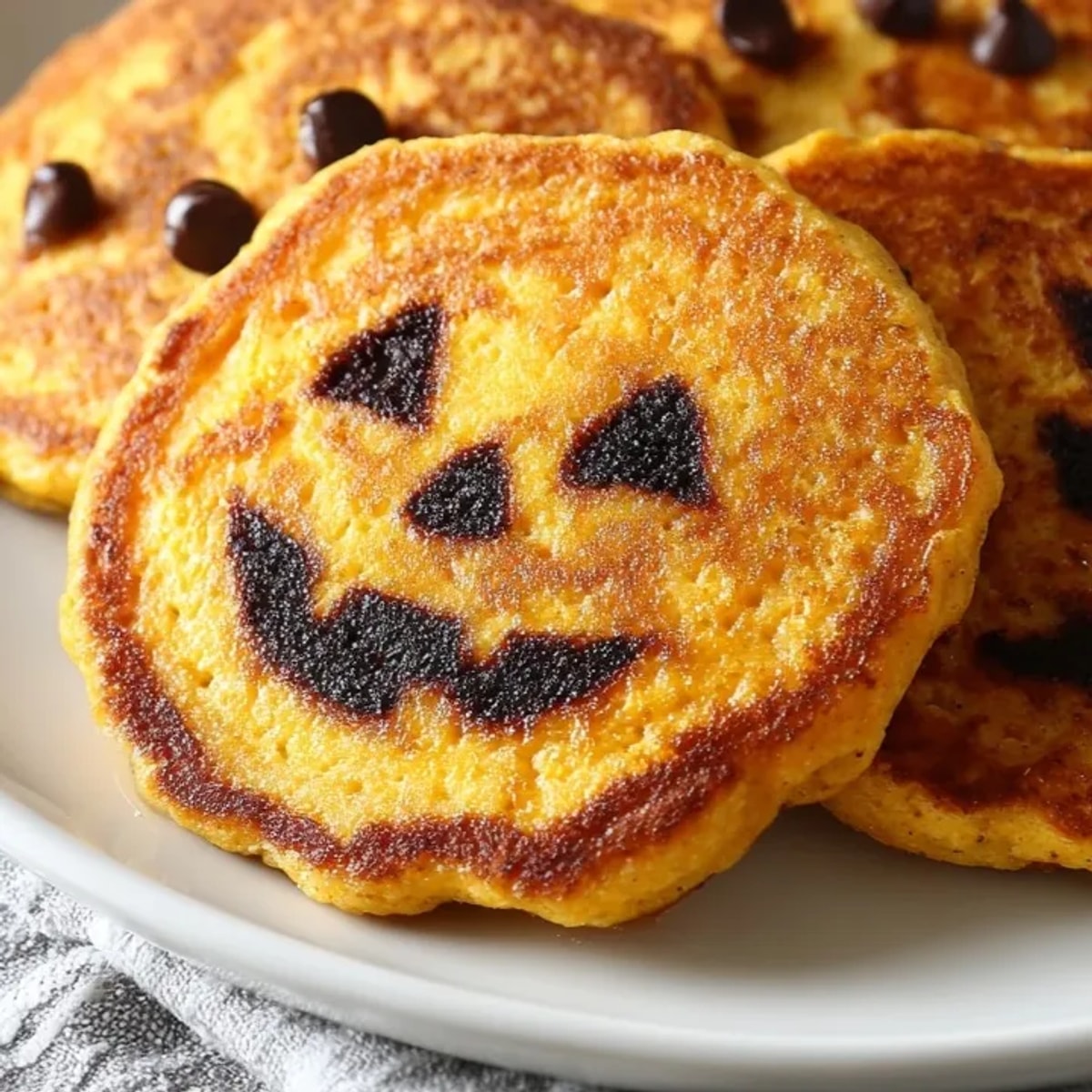 Close-up of fluffy Gluten-Free Pumpkin Pancakes, decorated with cute chocolate chip Jack-O-Lantern smiles.