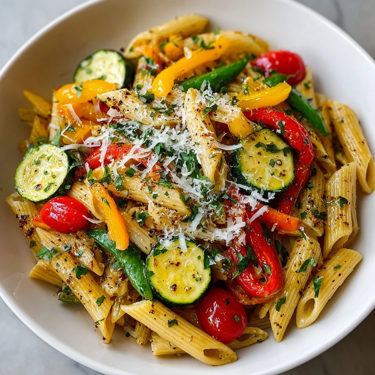 Quick Pasta Primavera Express recipe: A vibrant vegetarian meal, fragrant with garlic aroma.