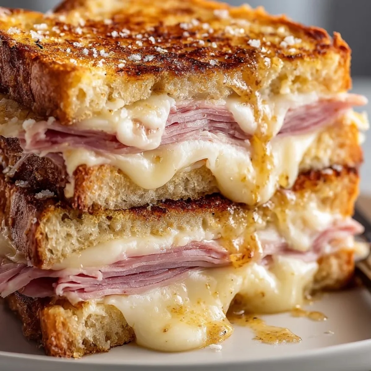 Melty Ham and Swiss Honey Mustard Grilled Cheese sandwich oozing with delicious tangy goodness.