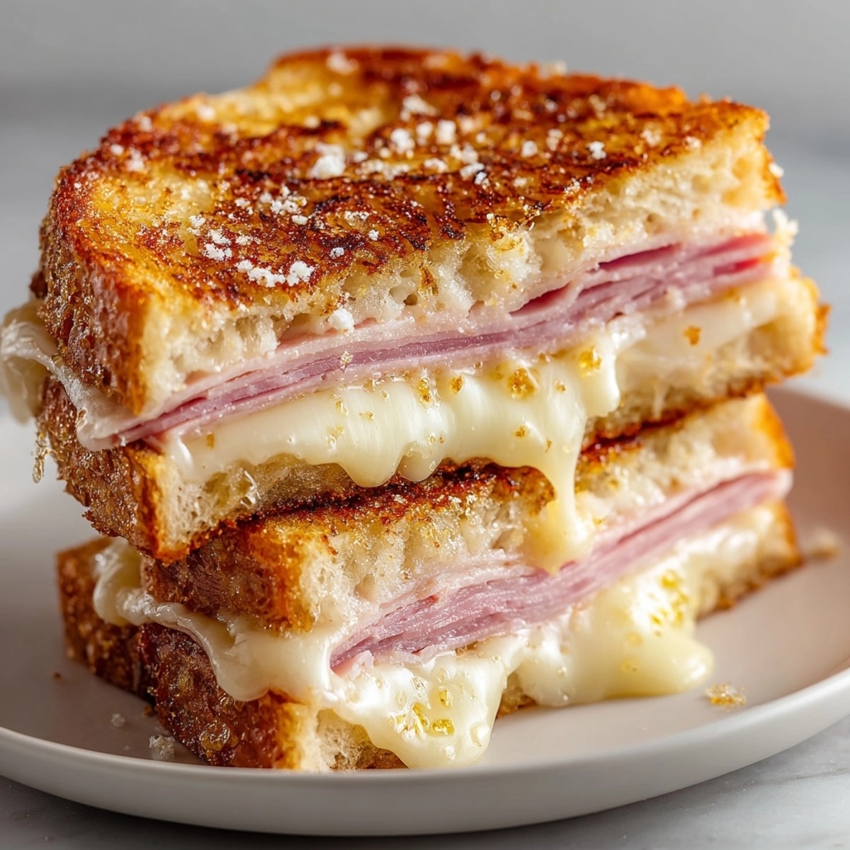 A warm Ham and Swiss Honey Mustard Grilled Cheese, a comforting homemade sandwich.