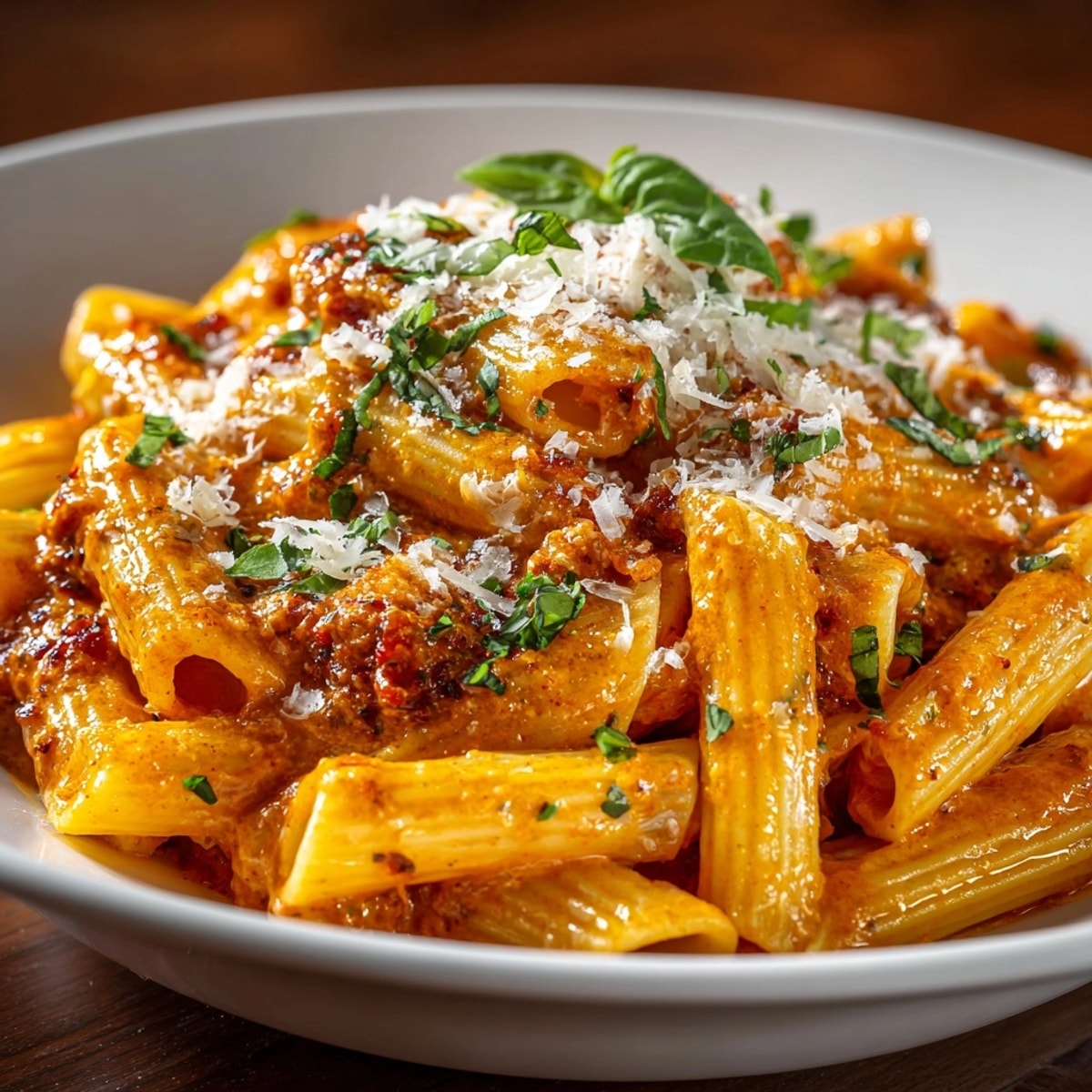 Bowl of luscious Creamy Tomato Basil Pasta, ready to eat, with Parmesan garnish.