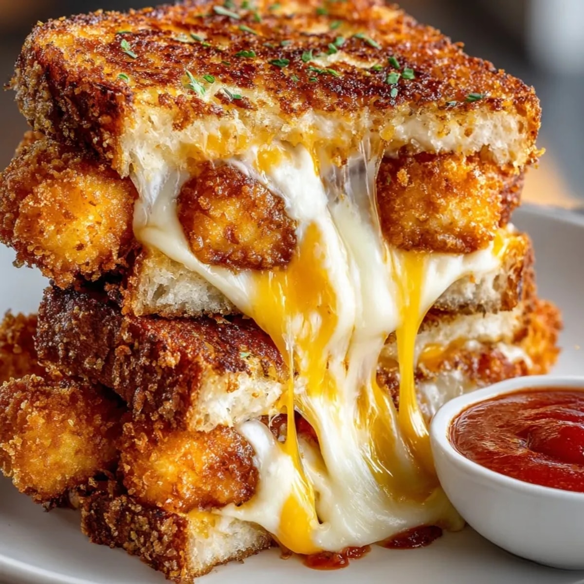 Golden Mozzarella Stick Grilled Cheese: Imagine crispy sticks oozing cheese from toasted bread.
