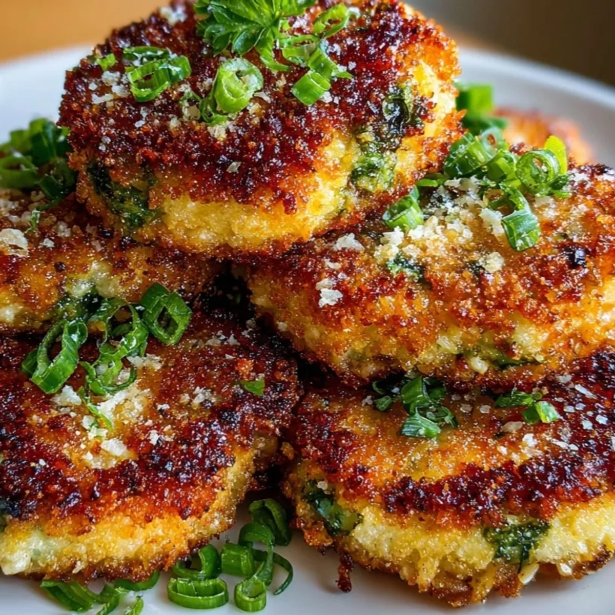 Close-up of cheesy Parmesan Crusted Orzo Cakes, warm, just waiting to be served.
