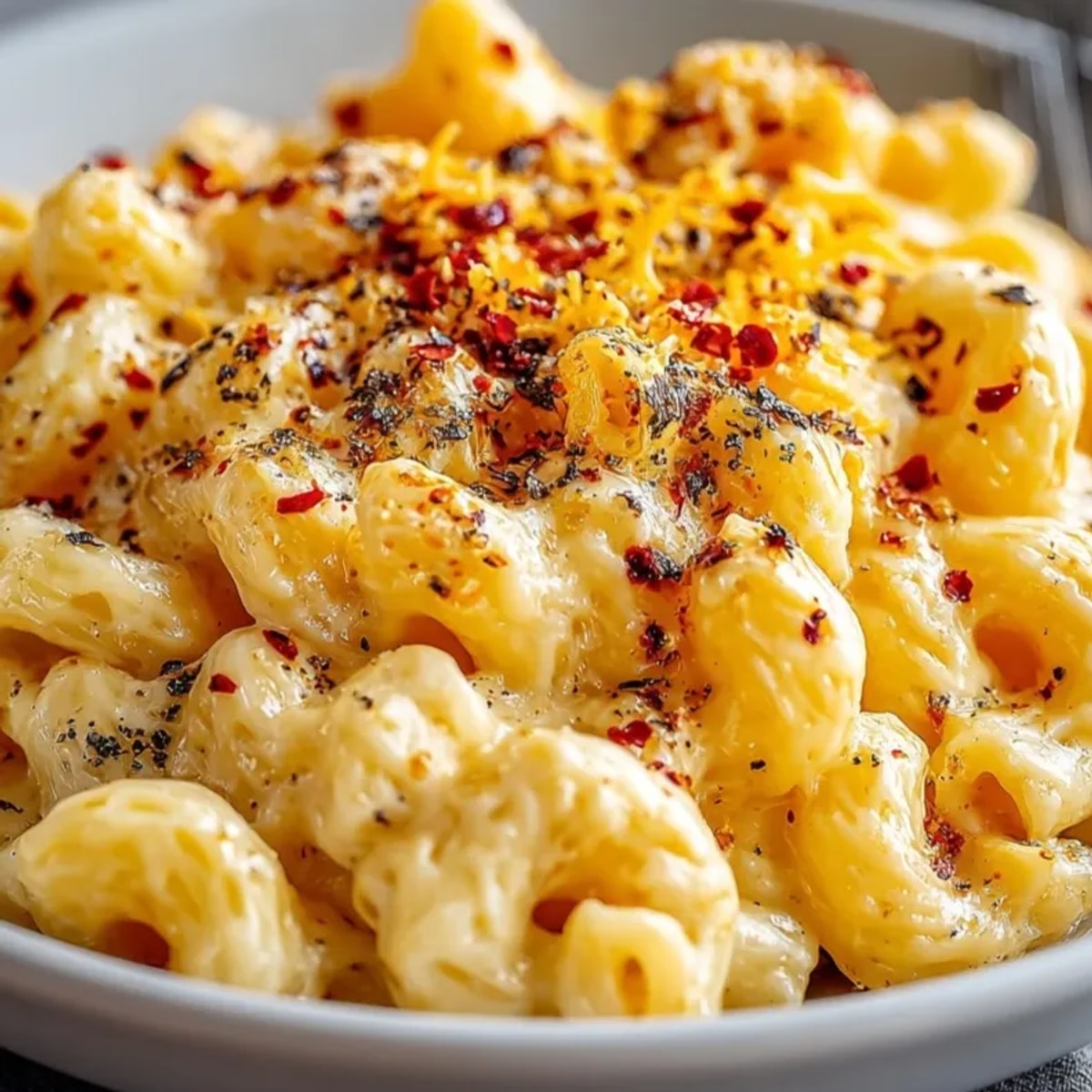 Creamy Tini's Viral Mac and Cheese, golden cheddar melting over tender macaroni, ready to serve.