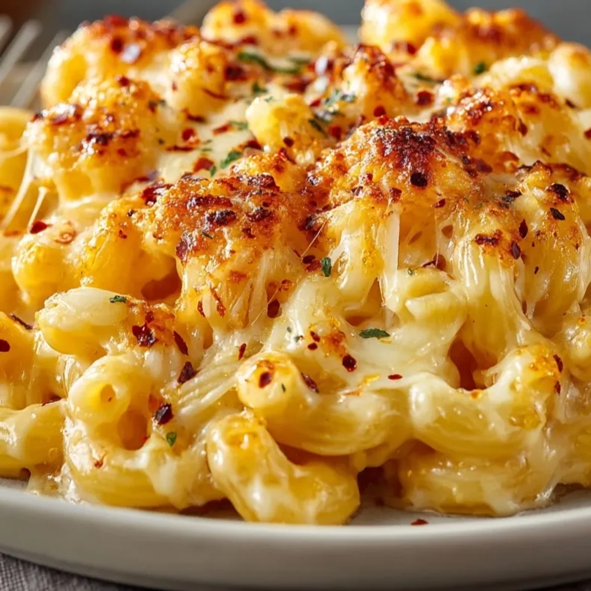 Close-up of Tini's Viral Mac and Cheese, bubbling hot with a cheesy, smoky paprika aroma.