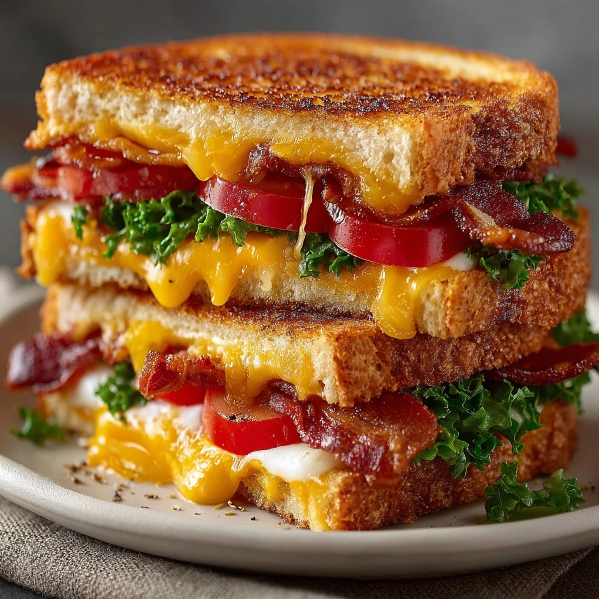 Golden brown BLT Grilled Cheese, oozing melted cheddar, awaits slicing for a satisfying lunch.