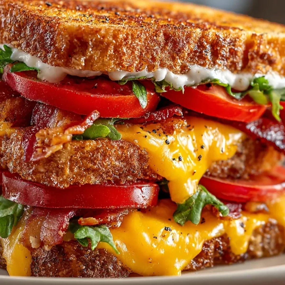 Stacked BLT Grilled Cheese: Crispy sourdough bread reveals layers of savory bacon and ripe tomato.