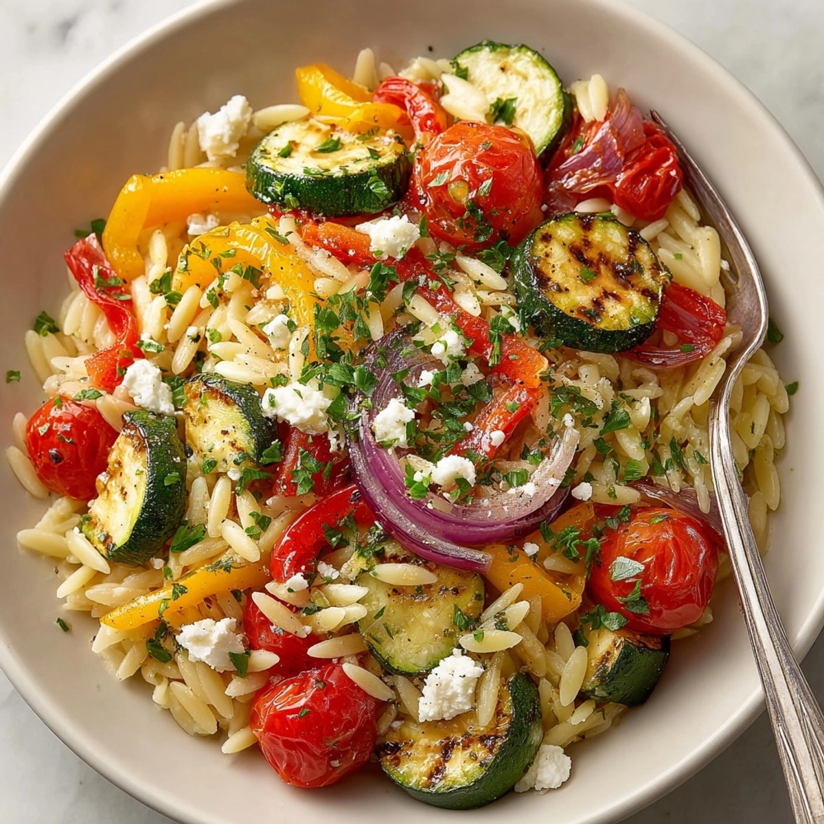 Preparing flavorful Orzo with Roasted Vegetables and Feta, ready for a simple vegetarian meal.