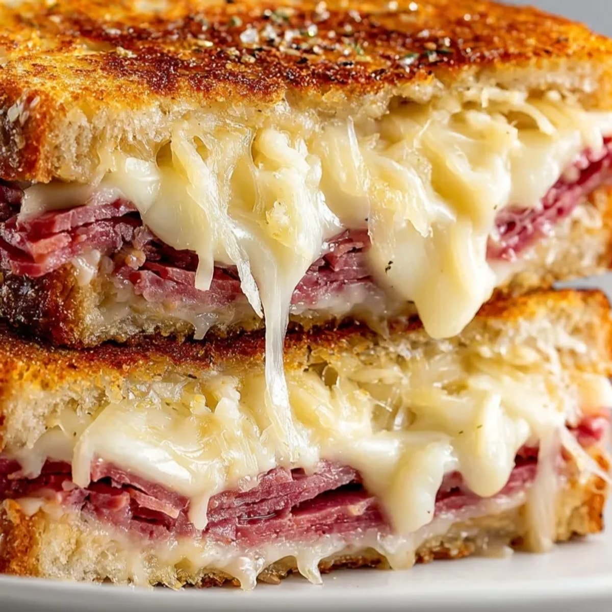 Golden brown Reuben Grilled Cheese oozing with melted Swiss, a delicious sandwich picture.