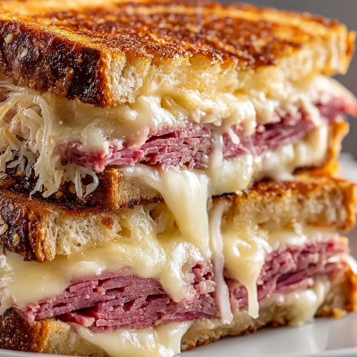 Stacked Reuben Grilled Cheese sandwich, a flavorful combination of corned beef, rye, and sauerkraut.