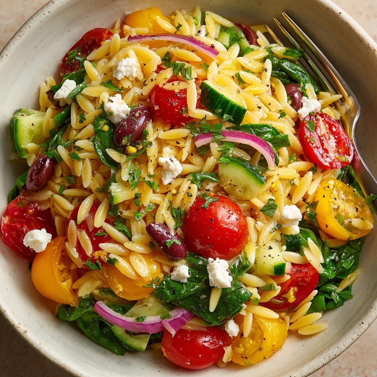 Creamy feta tops a lemon-infused Mediterranean Lemon Orzo, easy, healthy lunch idea.
