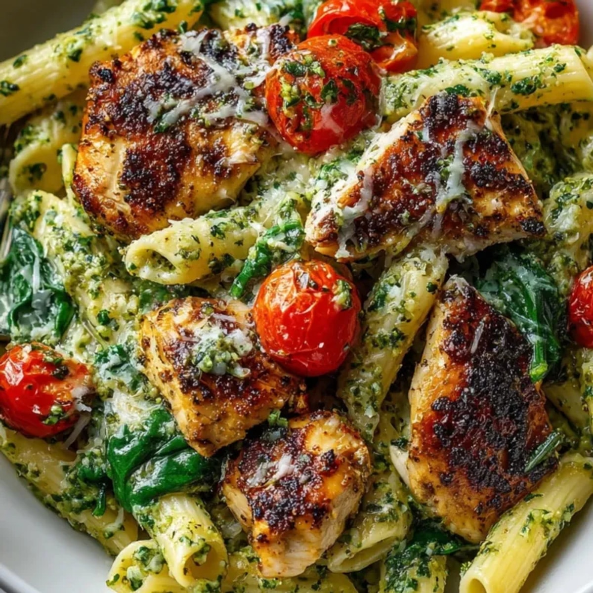 One-Pan Chicken Pesto Pasta, a creamy, cheesy weeknight dinner ready in just 35 minutes.