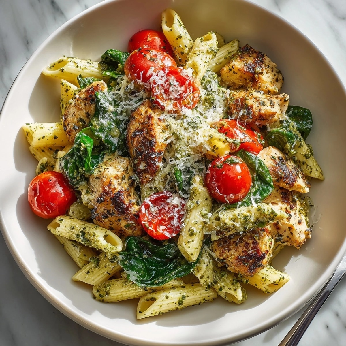Easy U.S. recipe: golden chicken and al dente pasta combine for One-Pan Chicken Pesto Pasta.