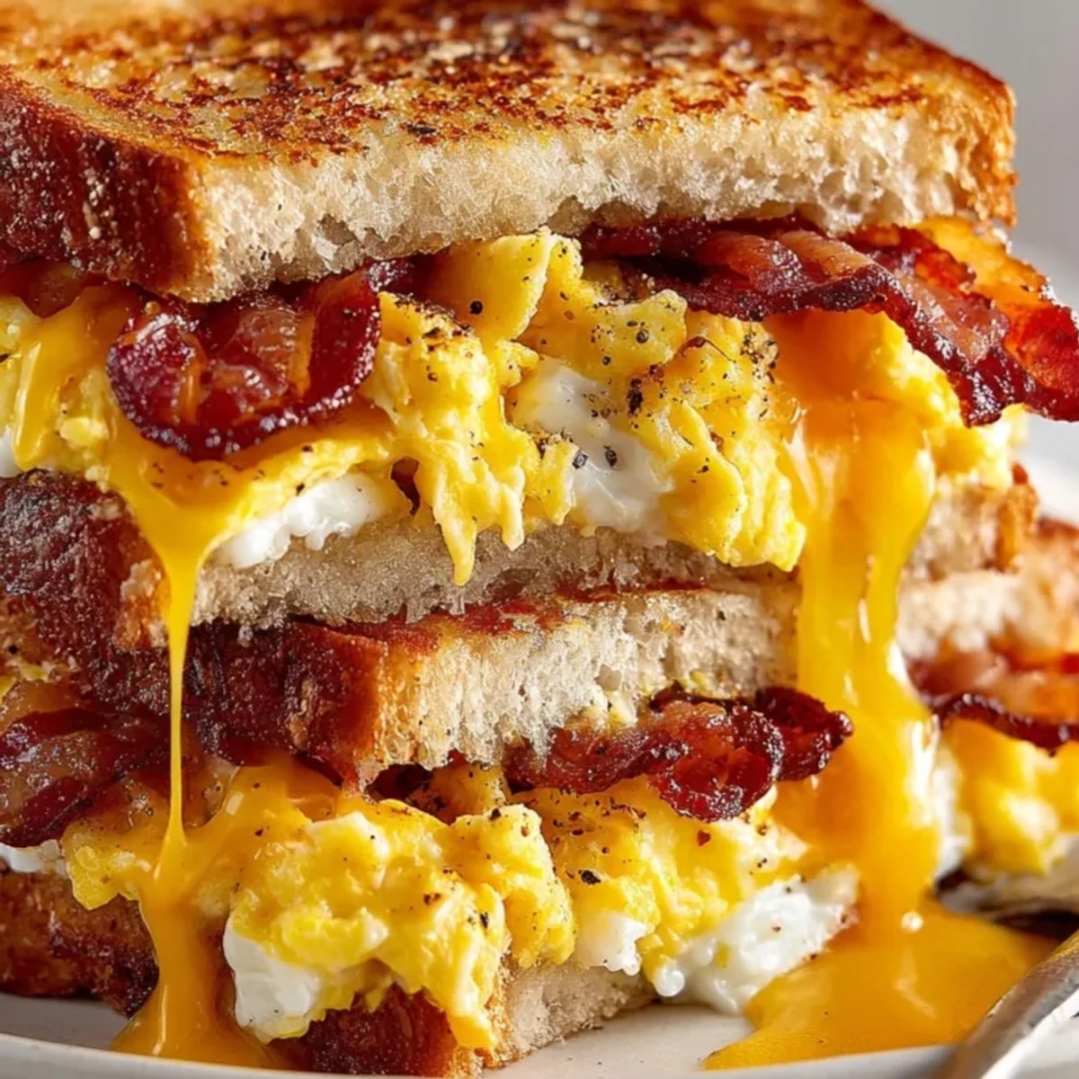 Golden brown Bacon, Egg, and Cheese Grilled Cheese, oozing with melted cheddar.