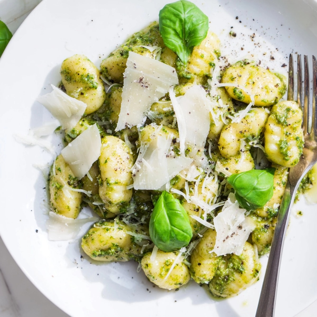 A steaming bowl of 15-Minute Pesto Gnocchi, flecked with basil and melted Parmesan.