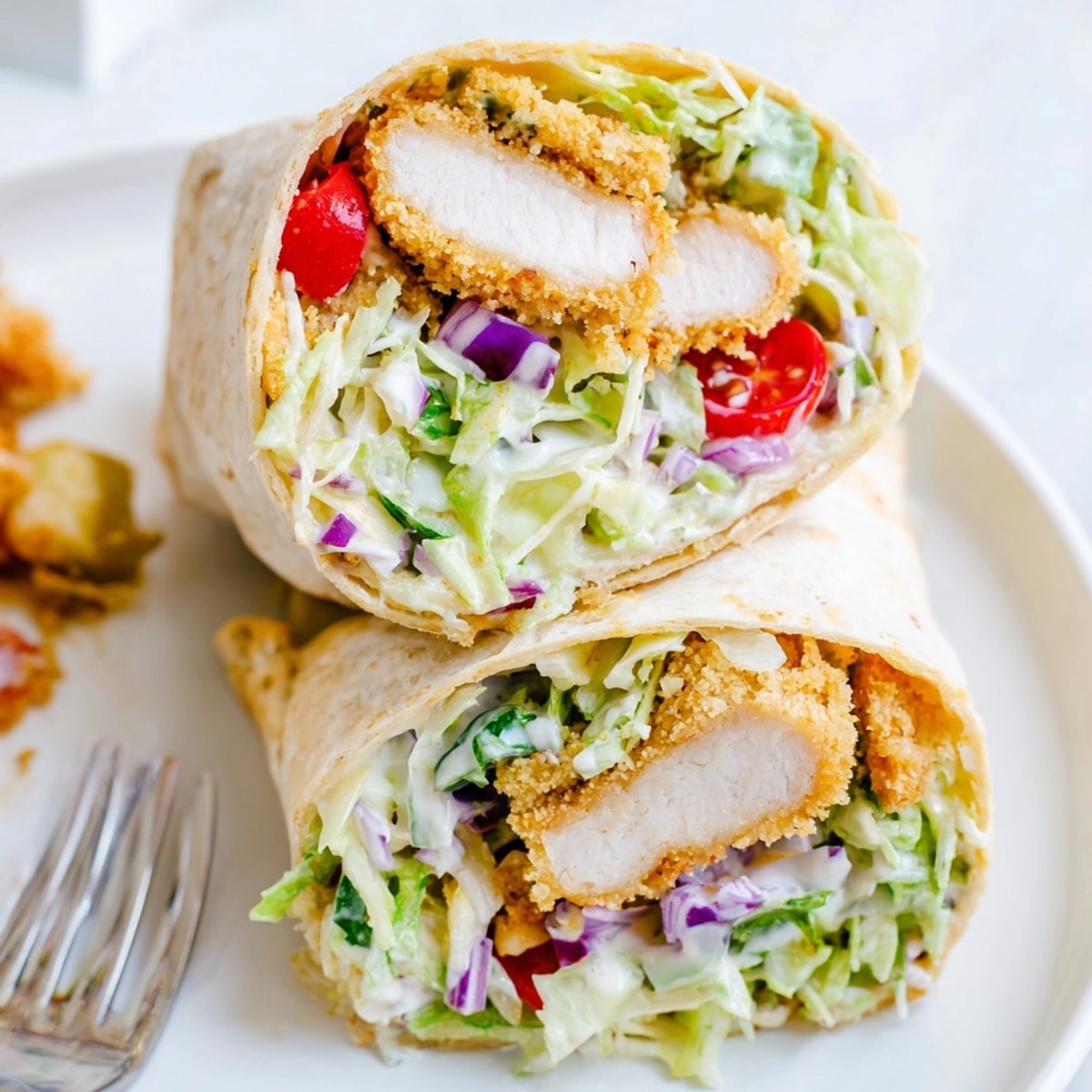 Close-up of a partially unwrapped Caesar Slaw Crunchy Chicken Wrap, showing layers of textures and vibrant colors.
