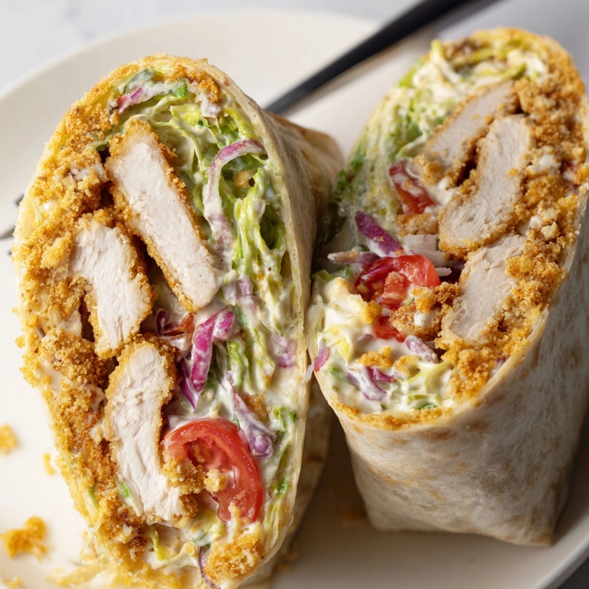 Making Caesar Slaw Crunchy Chicken Wraps: sliced chicken atop a bed of romaine and cabbage slaw, ready for wrapping.