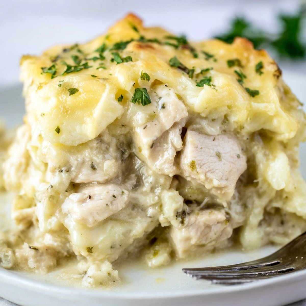 Golden baked Chicken Dijon & Mashed Potato Casserole, a creamy, comforting dish ready to serve.