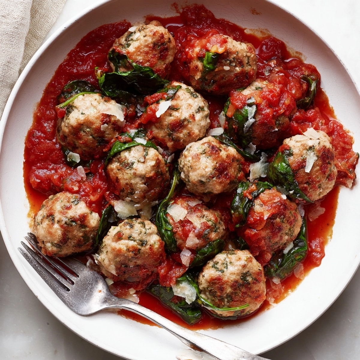 Savory Spinach Turkey Meatball Skillet: easy one-pan dinner, ground turkey, flavorful aroma.