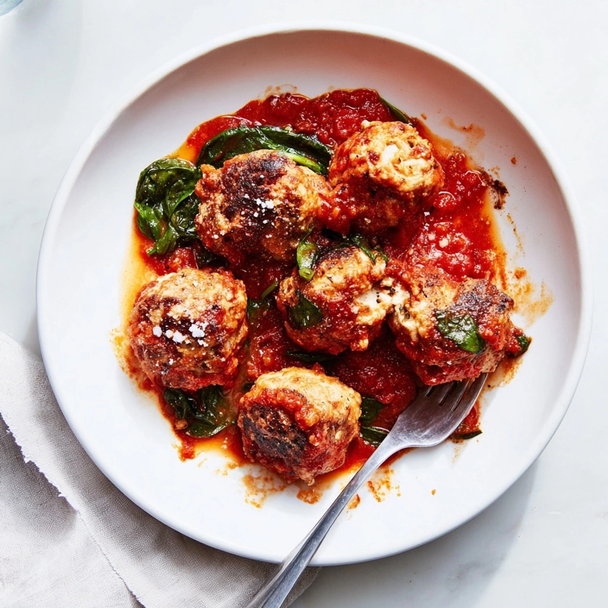 Golden turkey meatballs nestled among fresh spinach in a bubbling tomato Spinach Skillet.