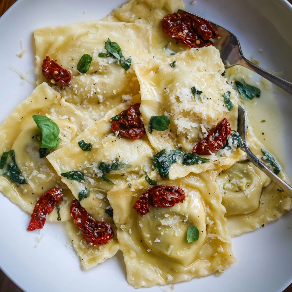 Close up of golden Sun-Dried Tomato Spinach Ravioli, glistening with garlic butter sauce.