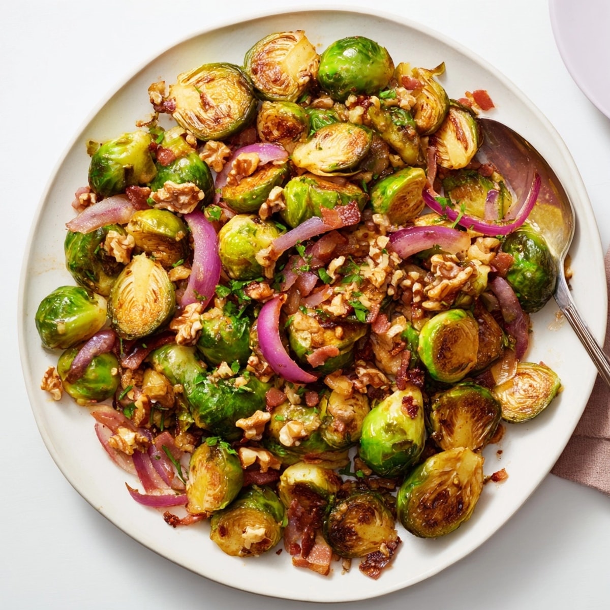 Close-up of Warm Brussels Bacon Salad showing crispy bacon bits and sauteed red onion.