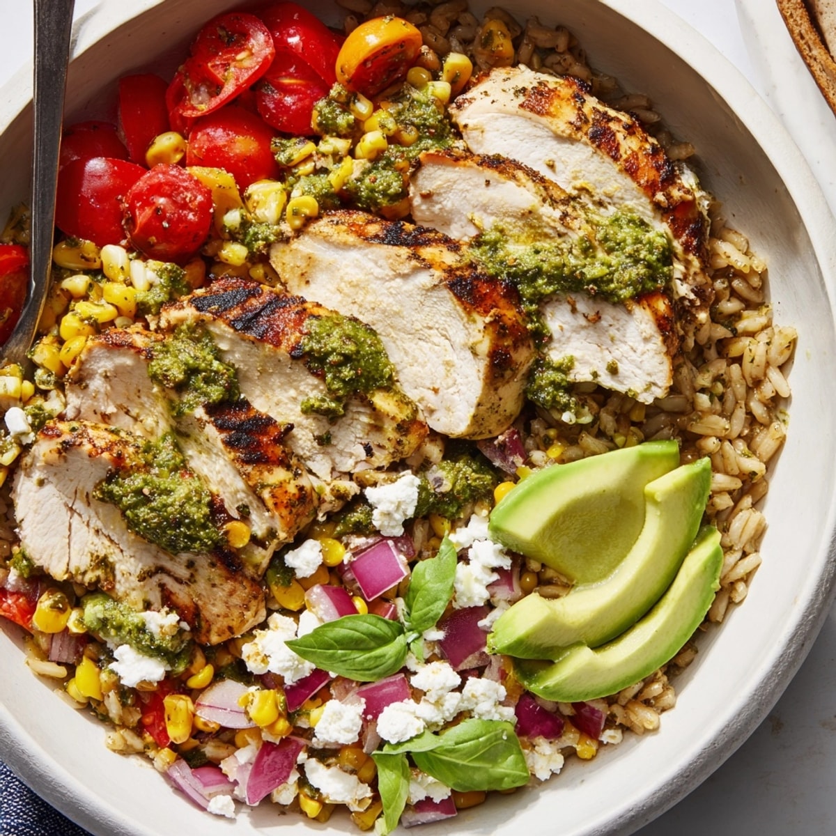 Top-down shot of colorful Pesto Chicken & Corn Salsa Bowls ready to eat.