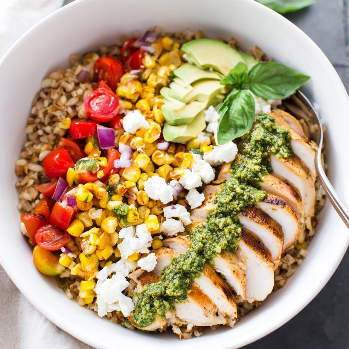 Close-up of vibrant Pesto Chicken &amp; Corn Salsa Bowls a flavorful healthy quick dinner.