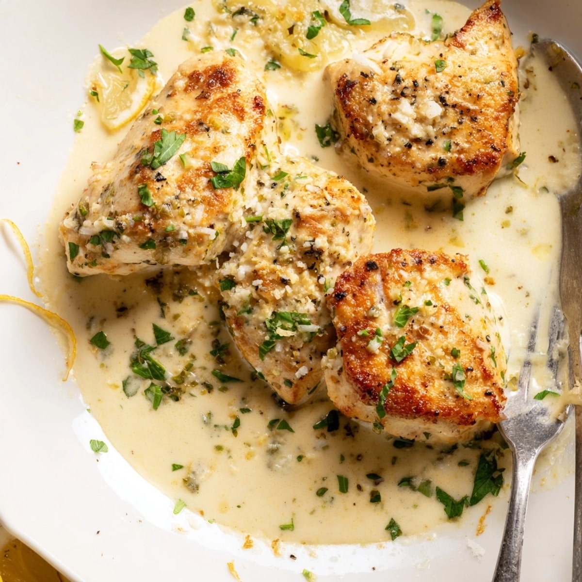 Golden Creamy Parmesan Lemon Chicken Bake, bubbling in a dish, sprinkled with fresh parsley.