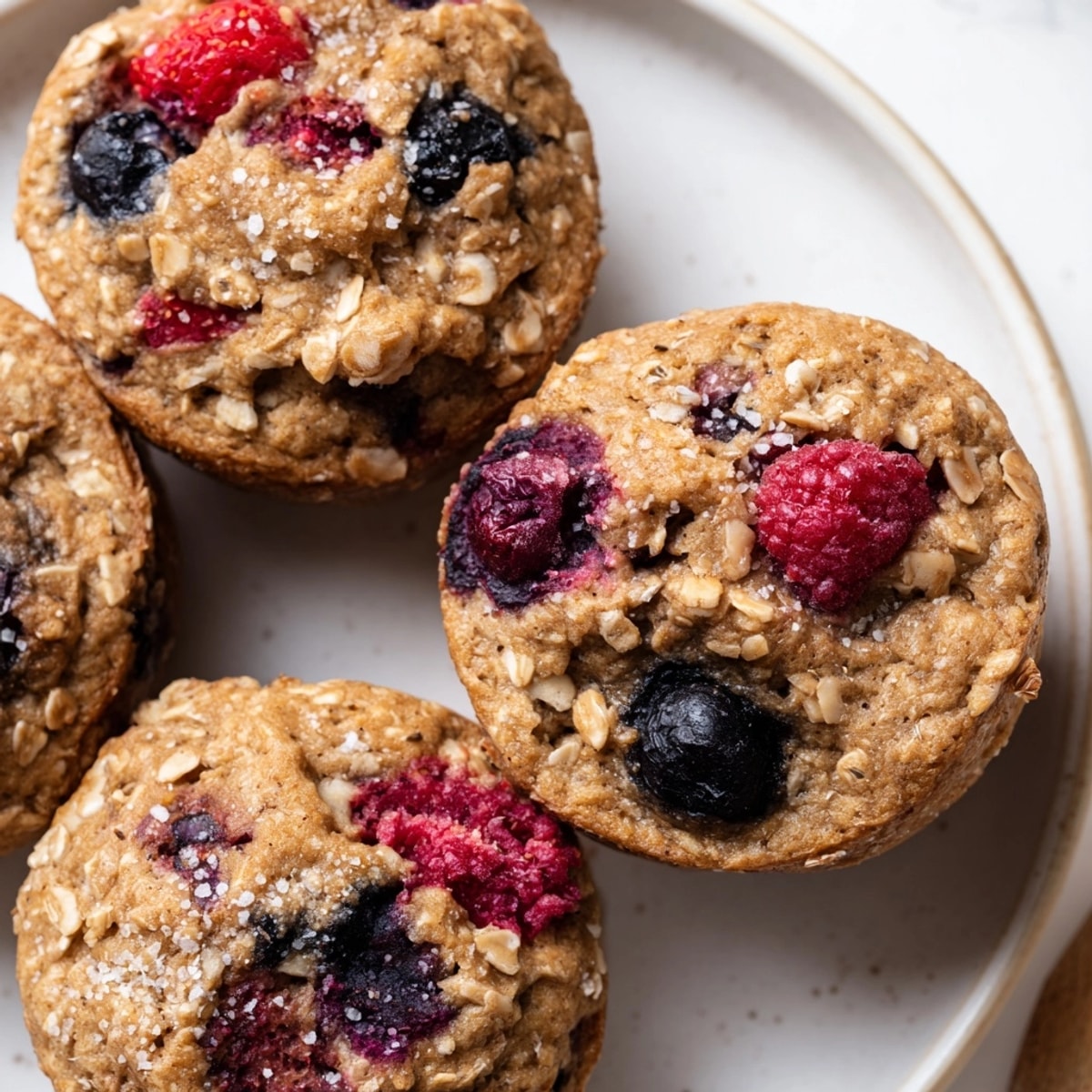 Golden Protein Mixed Berry Muffin Tops, flecked with colorful berries, cooling on a wire rack.
