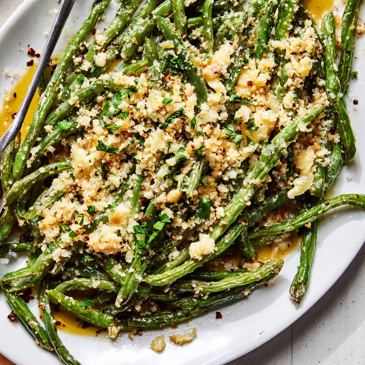 Golden, bubbly Cheesy Garlic Roasted Green Beans, a flavorful and easy vegetarian side dish.