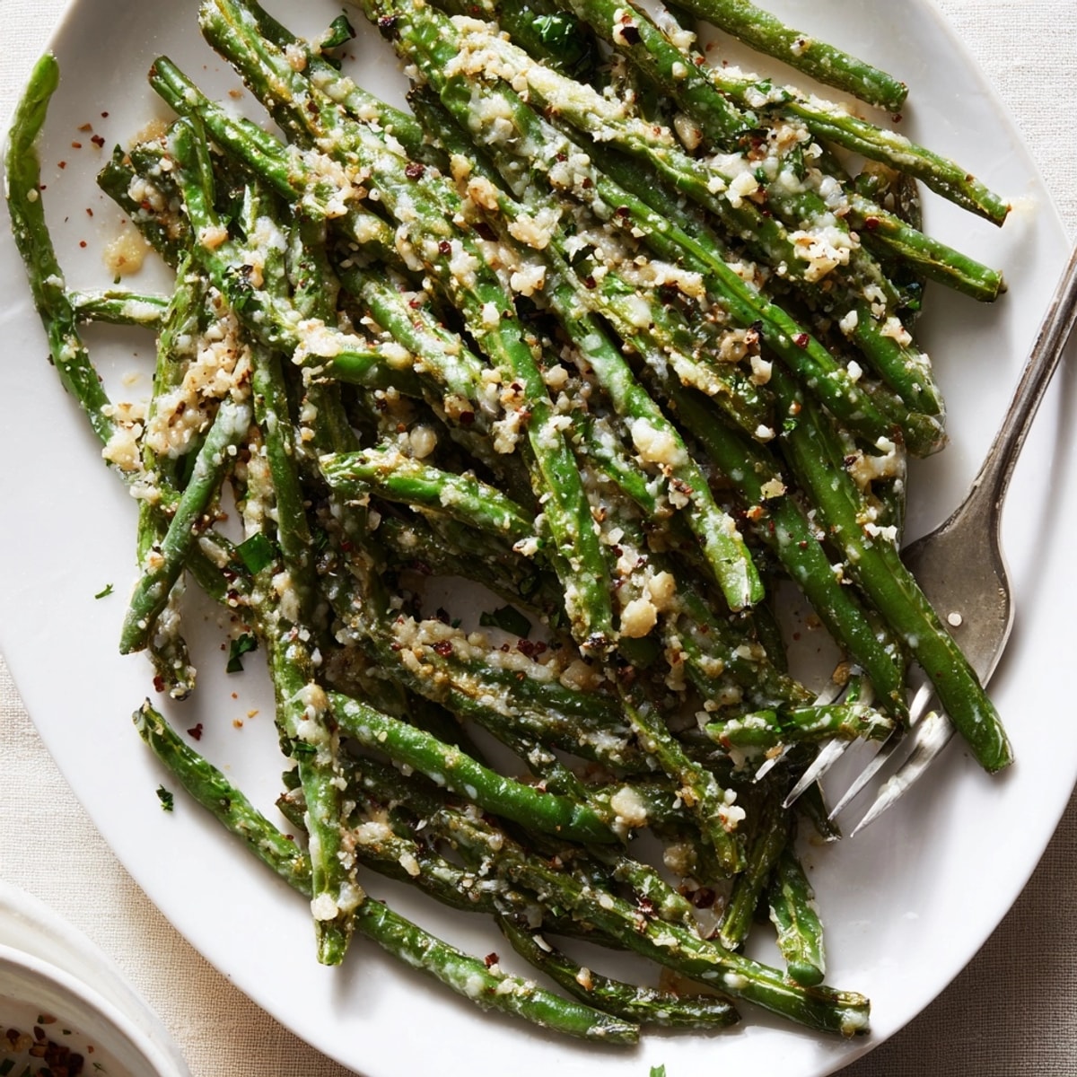 Warm serving of Cheesy Garlic Roasted Green Beans; browned, tender, cheesy comfort food.