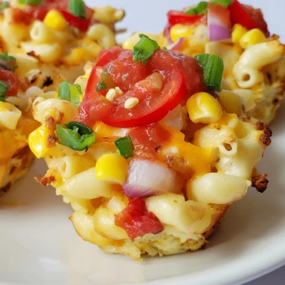 Golden, fluffy mac and cheese taco egg muffins baked in a muffin tin.