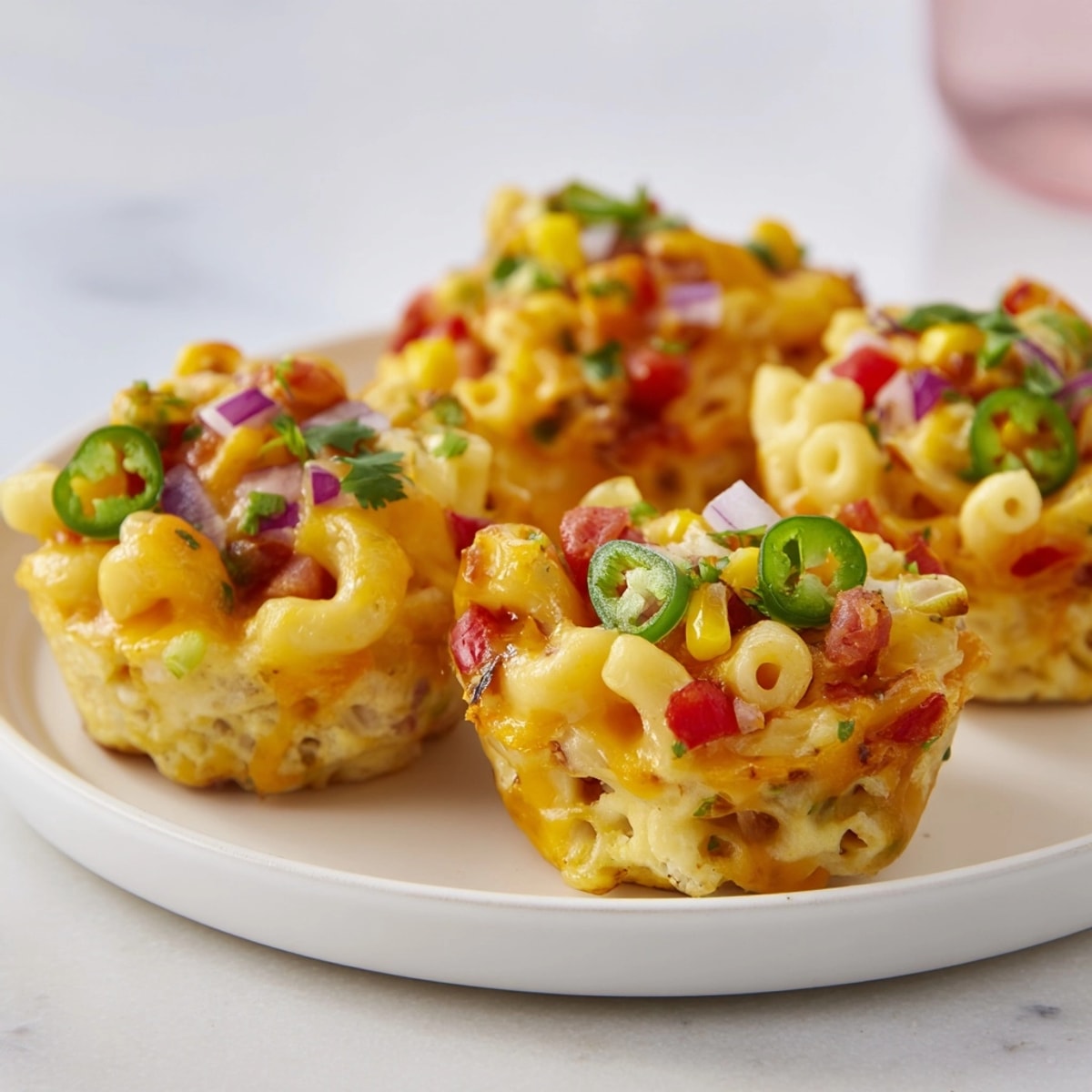 Close-up of a filled Mac and Cheese Taco Egg Muffin, loaded with vibrant vegetables.