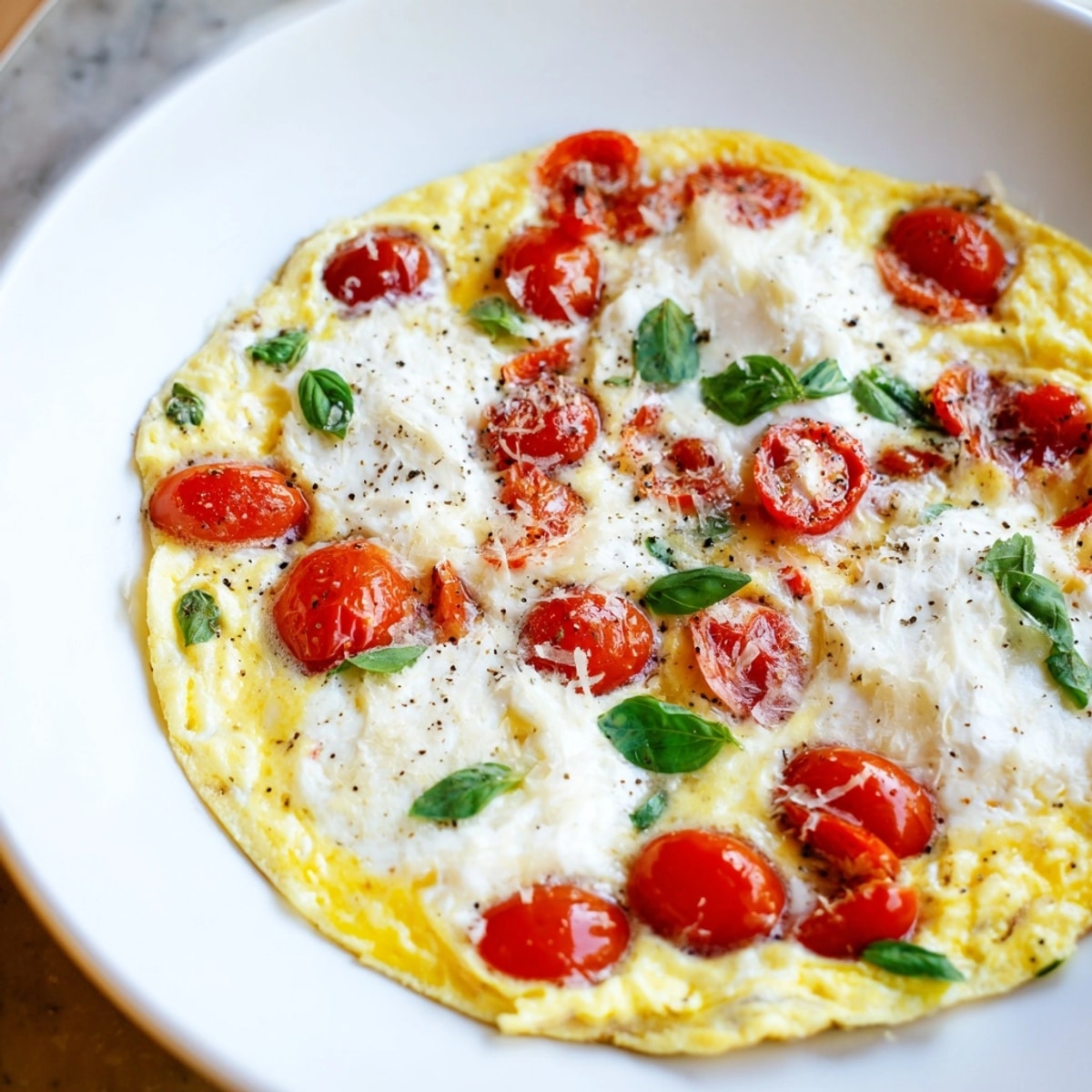 Slices of fresh Ricotta Tomato Basil Frittata showing creamy ricotta and juicy tomatoes.