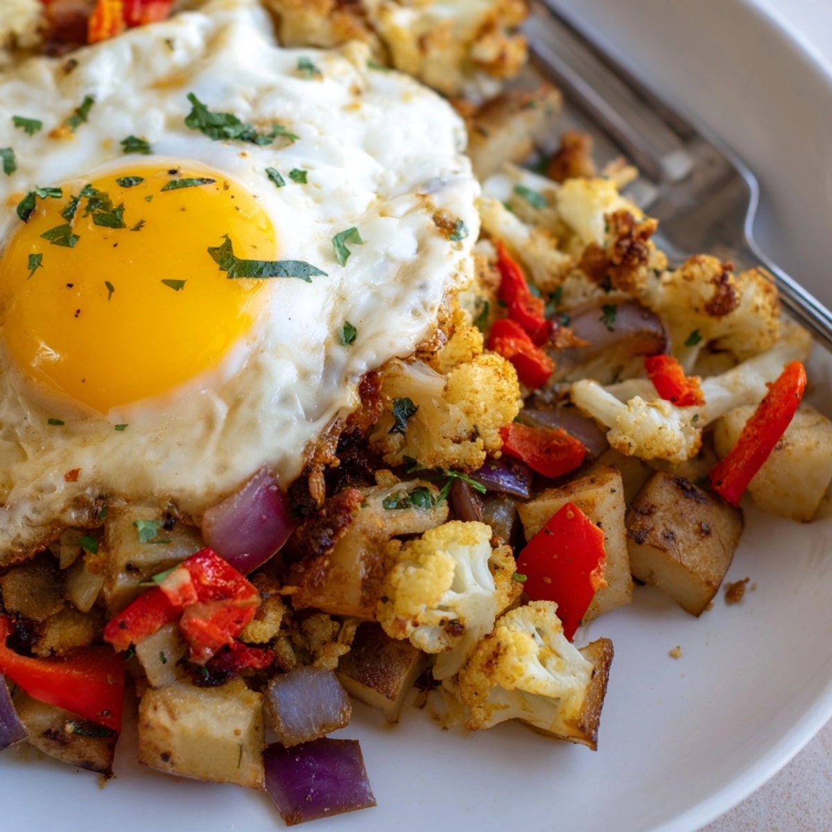 Golden Alfredo Cauliflower Breakfast Hash, crisp potatoes, creamy sauce, a flavorful and filling vegetarian meal.