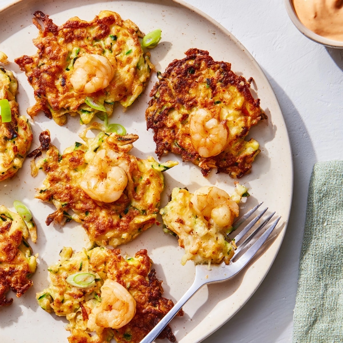 Savory Shrimp and Cheddar Zucchini Fritters, golden brown, fresh from the skillet.