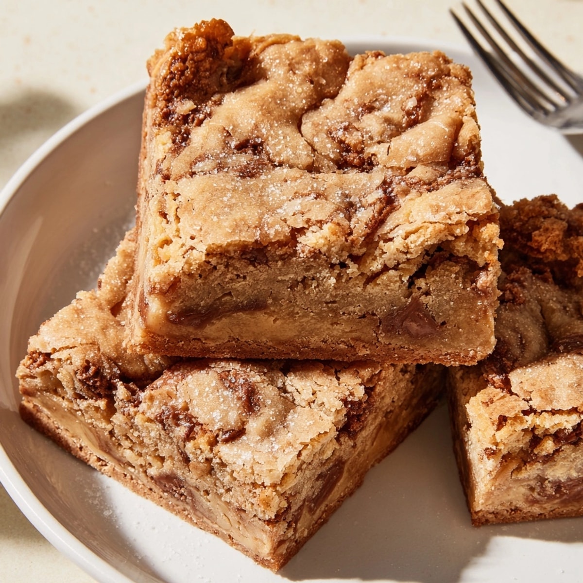 Golden-brown Peanut Butter Toffee Blondies, fresh from oven, sit in pan; rich aroma.