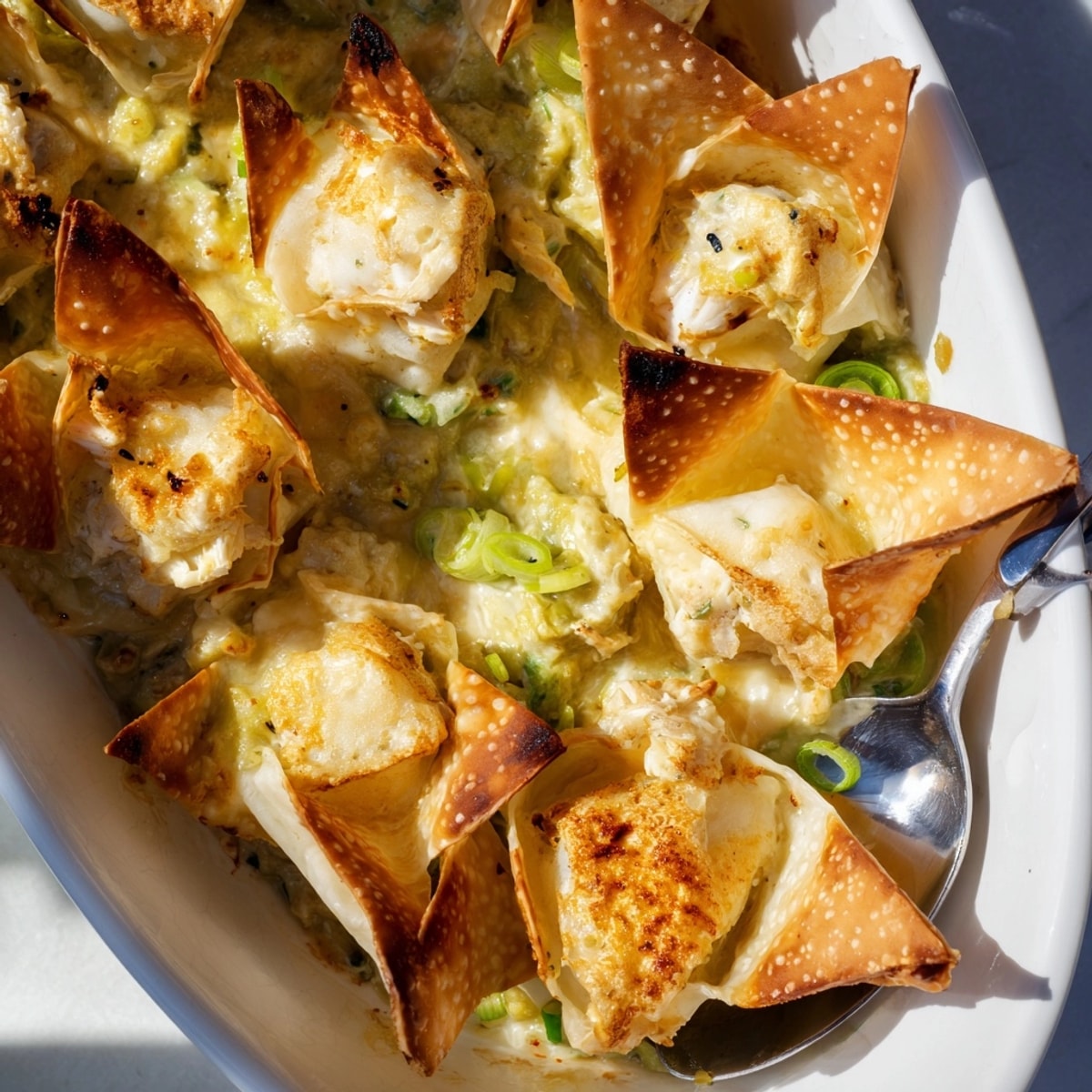 Golden, bubbling Avocado Crab Rangoon Bake: Creamy seafood and avocado under crisp wontons.