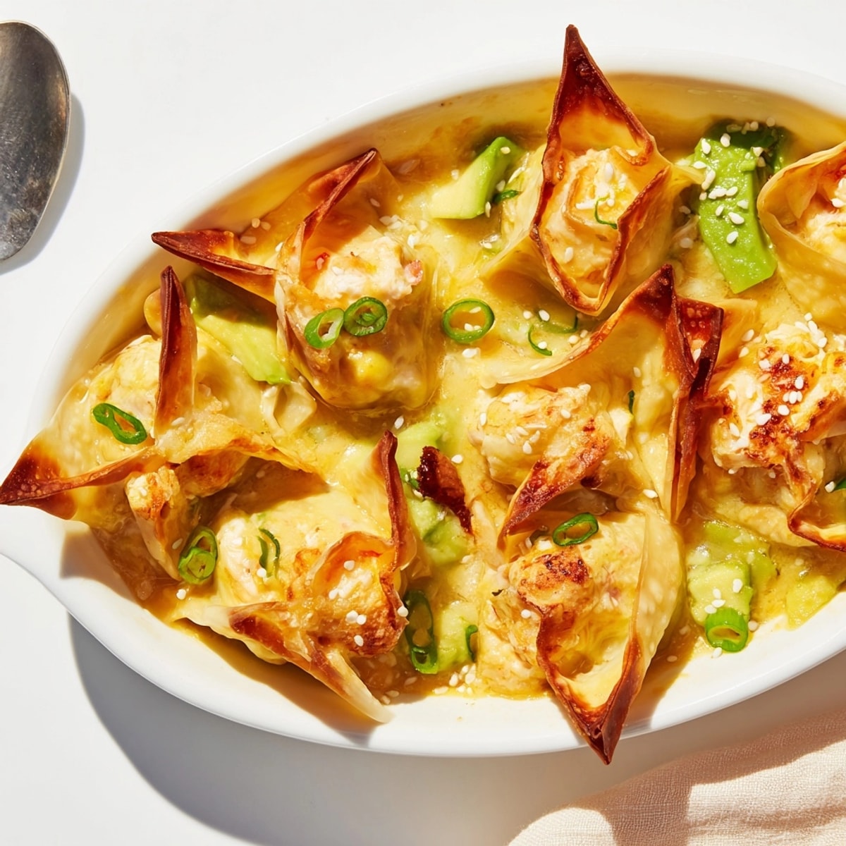 Imagine: An Avocado Crab Rangoon Bake with golden-brown wontons and savory seafood aroma.