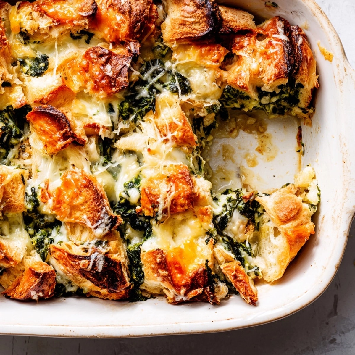 Golden Ricotta Spinach Croissant Bake, bubbly and warm from the oven, ready for brunch.