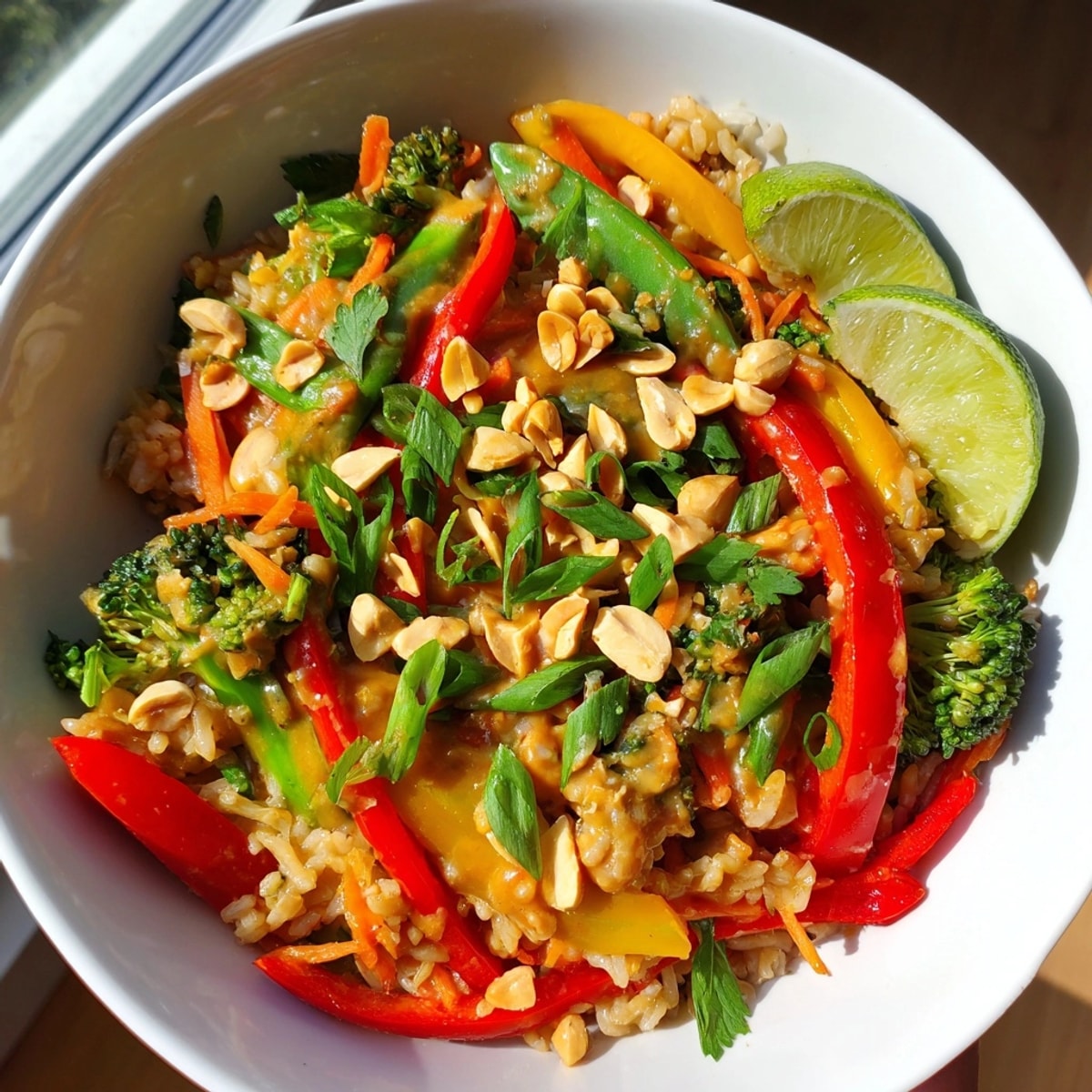 Close-up of vibrant Thai Peanut Veggie Stir-Fry Rice, glistening with peanut sauce.