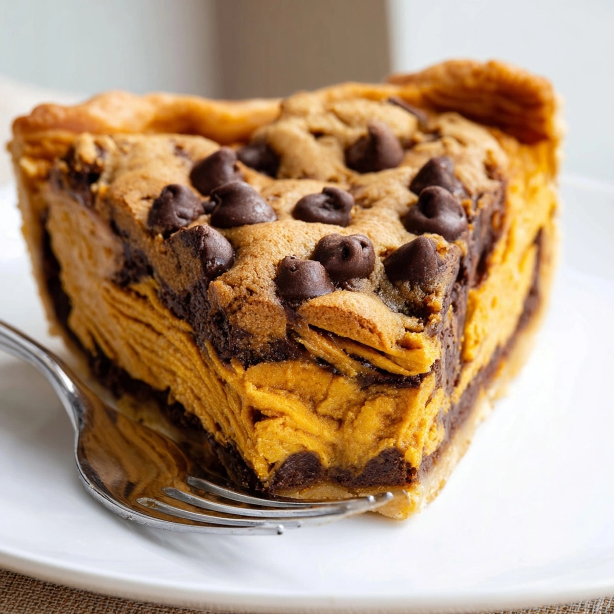 Golden Pumpkin Chocolate Chip Cookie Pie, studded with melting chips, fresh from the oven.