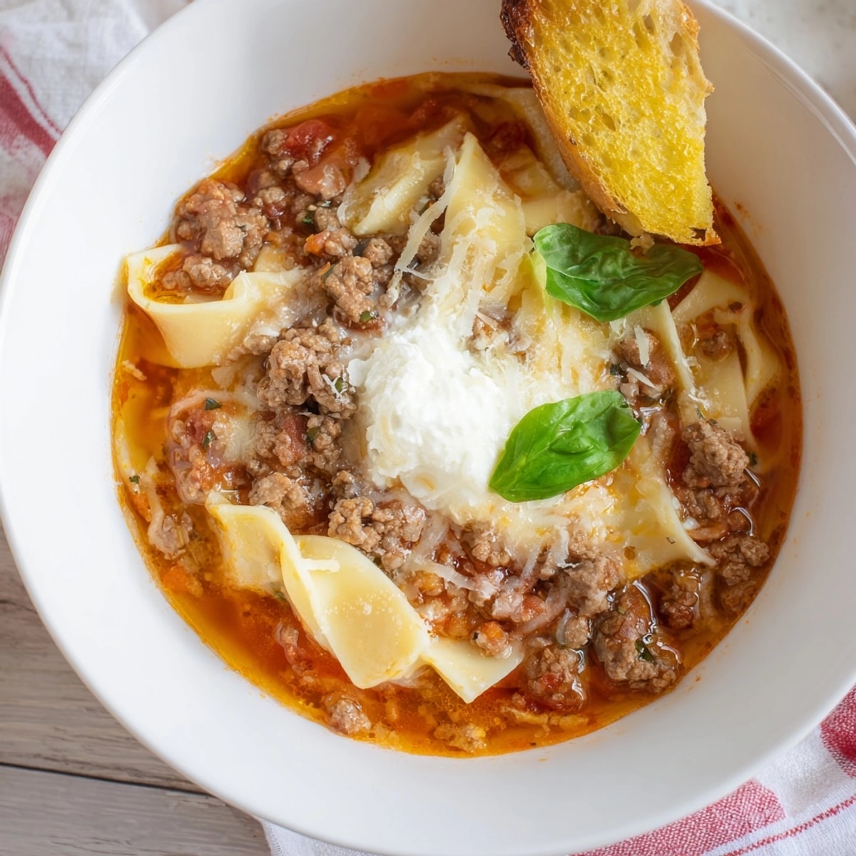 A comforting bowl of Lasagne Soup with Cheesy Garlic Toast, topped with ricotta.