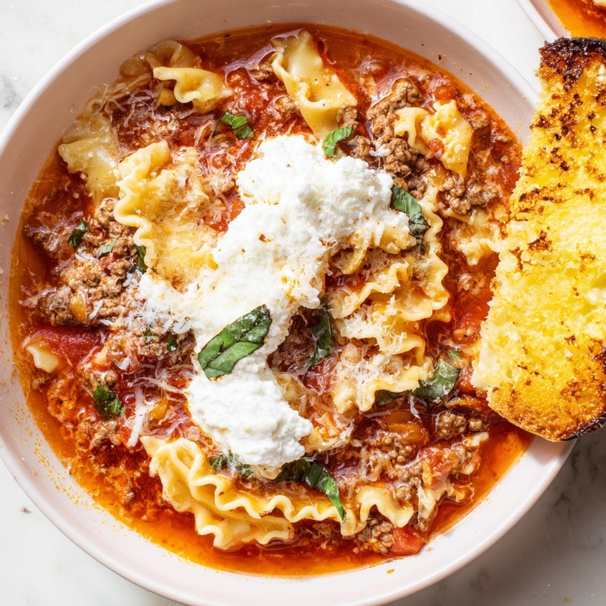 Close-up of rich Lasagne Soup; melted cheese glistens, paired with crispy garlic toast.