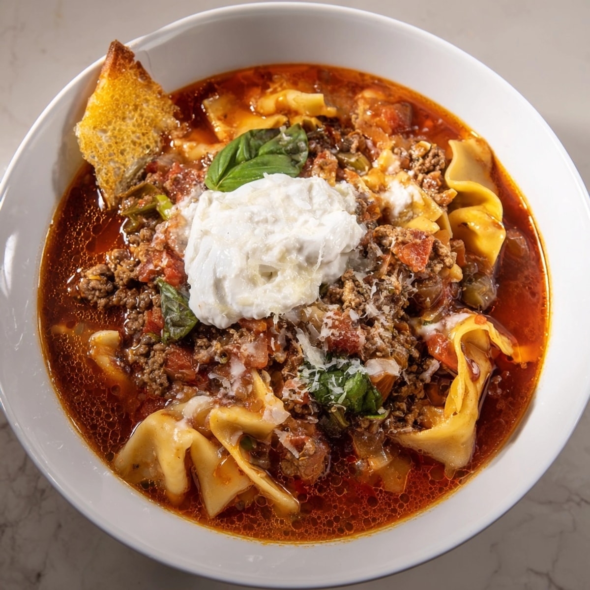 Warm, hearty Lasagne Soup ladled into bowls, served besides golden cheesy garlic bread.