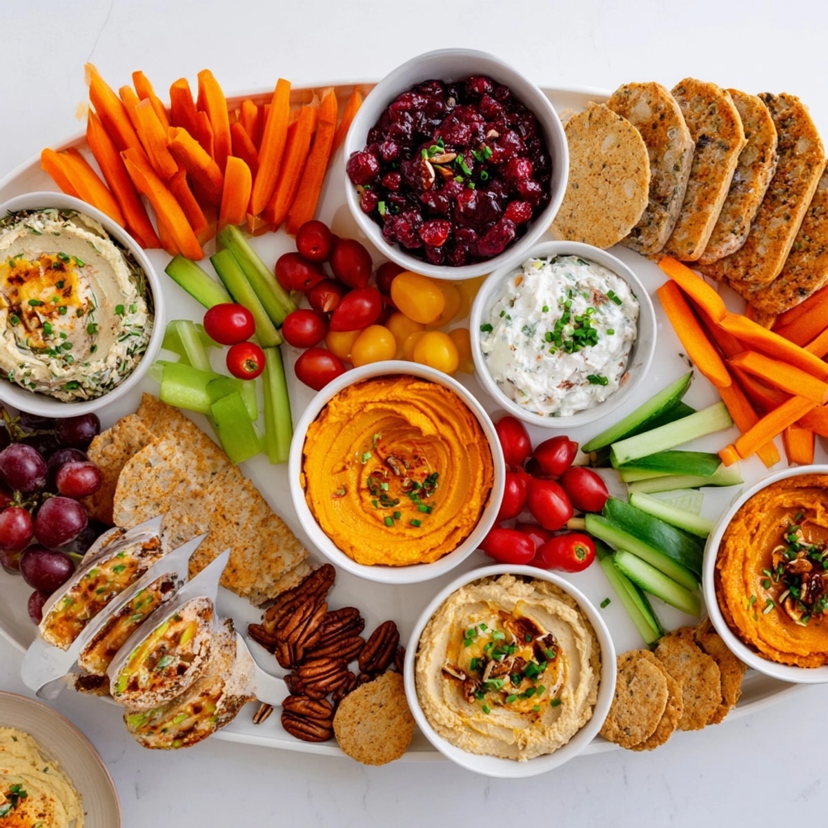 Golden-brown Thanksgiving Dip Board ready to serve, featuring creamy dips and festive autumn garnishes.