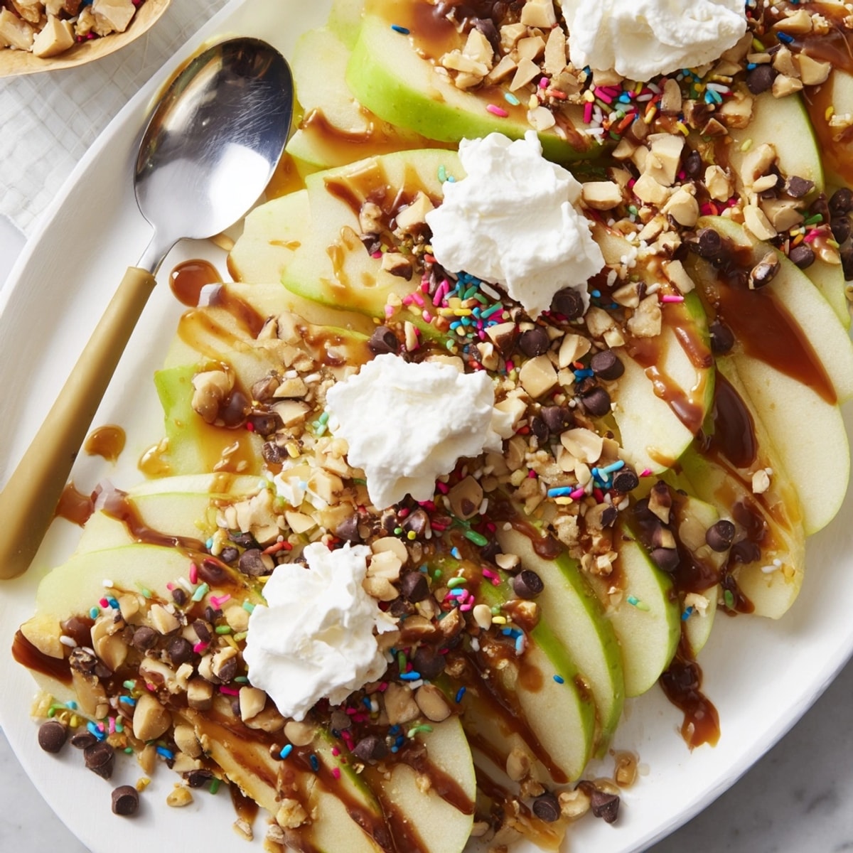 Eye-level platter: Golden caramel apple nachos, rich chocolate, nuts, party dessert idea.