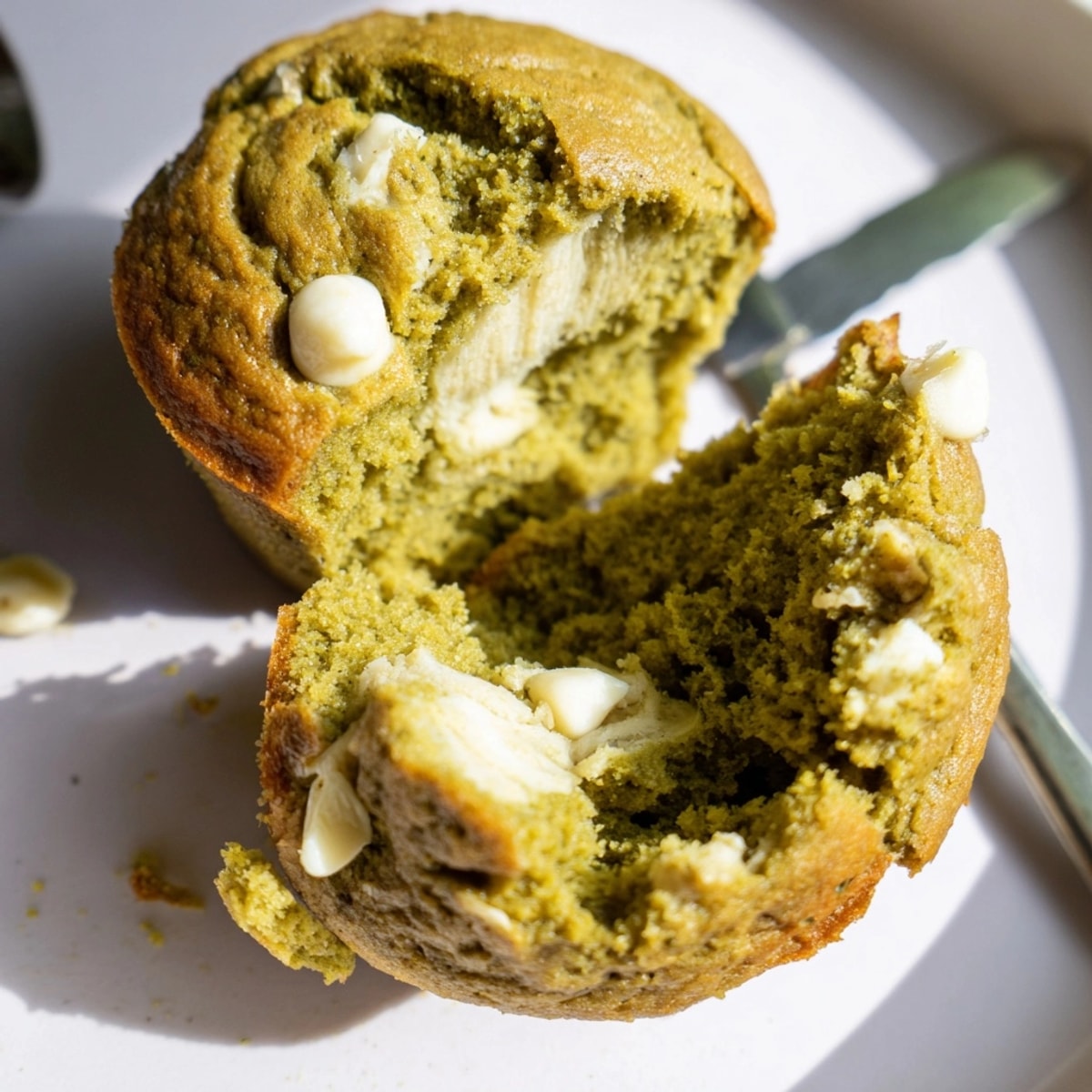 Warm, spiced Matcha White Chocolate Pumpkin Muffins on a cooling rack, tempting and golden brown.